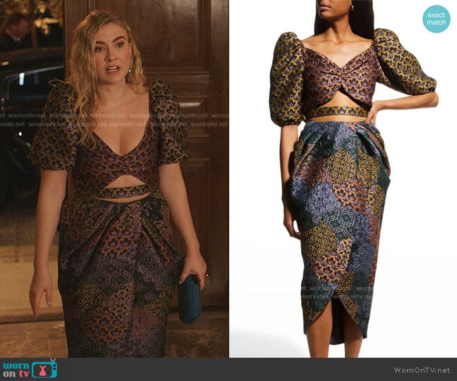 Makenna Brocade Cutout Dress by Autumn Adeigbo worn by Amanda Carrington (Eliza Bennett) on Dynasty