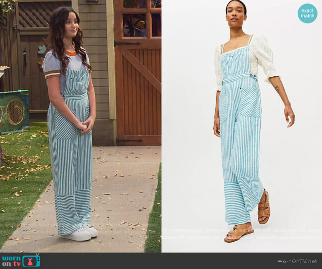 Light Blue Stripe James Overall Dungarees by BDG worn by Lex (Jules LeBlanc) on Side Hustle