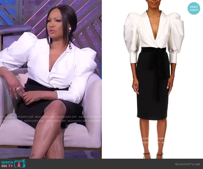 Black With White Puffed Sleeve Cocktail Dress by Badgley Mischka worn by Garcelle Beauvais on The Real