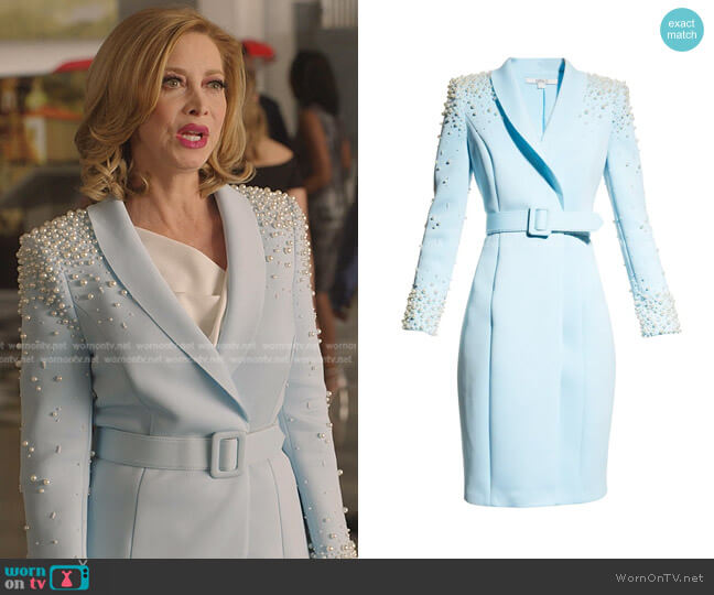 Pearl-Embellished Shawl-Collar Dress by Badgley Mischka Collection worn by Laura Van Kirk (Sharon Lawrence) on Dynasty