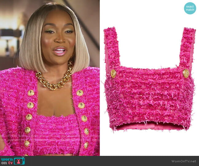 X Barbie Metallic Tweed Crop Top by Balmain worn by Marlo Hampton on The Real Housewives of Atlanta