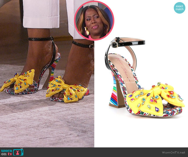 Loise Ankle Strap Embellished Bow Heel Sandals by Betsey Johnson worn by Sheryl Underwood on The Talk