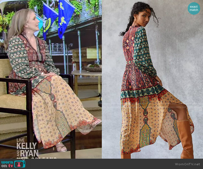 Patterned Maxi Dress by Bhanuni by Jyoti worn by Melissa Gilbert on Live with Kelly and Ryan