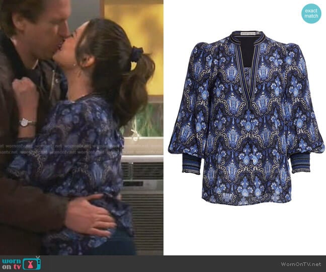 Sheila Silk Blouson-Sleeve Blouse by Alice + Olivia worn by Jen (Katie Lowes) on How We Roll