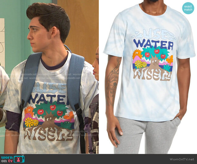 Use Water Wisely Cotton Graphic Tee by Coney Island Picnic worn by Neil (Felix Avitia) on Ravens Home