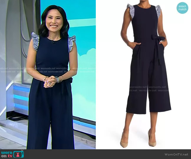 Contrast Ruffle Cap Sleeve Wide Leg Crop Jumpsuit by Eliza J worn by Vicky Nguyen on Today