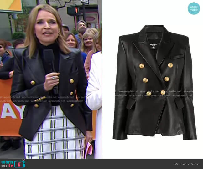 Double-Breasted Leather Blazer by Balmain worn by Savannah Guthrie on Today