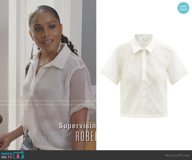 Folo cropped fishnet polo top by Fe Noel worn by Simone Hicks (Geffri Maya) on All American