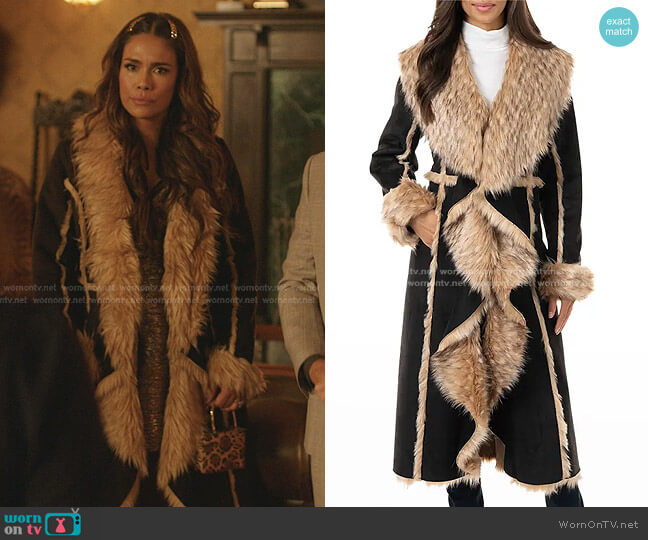 Cascade Faux Suede Faux Fur-Trim Full Coat by Fabulous Furs worn by Cristal Jennings (Daniella Alonso) on Dynasty