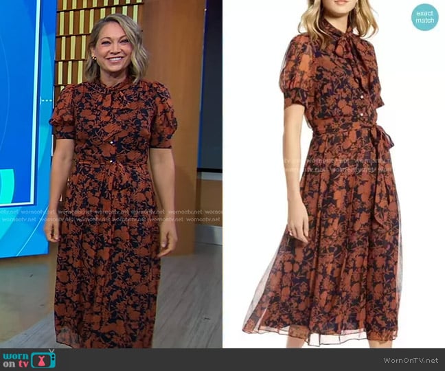 Floral Print Button Front Pleated Chiffon Dress by 1901 worn by Ginger Zee on Good Morning America