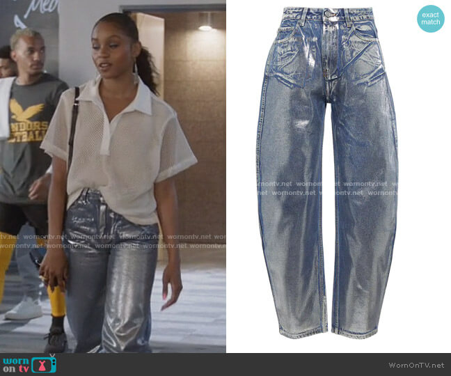 Stary high-rise metallic tapered jeans by Ganni worn by Simone Hicks (Geffri Maya) on All American