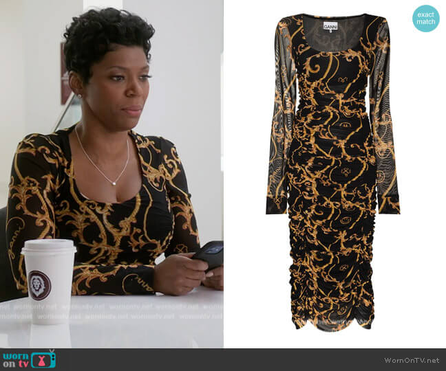 Baroque Print Midi Dress by Ganni worn by Crystal Lee Brown on All American Home Coming