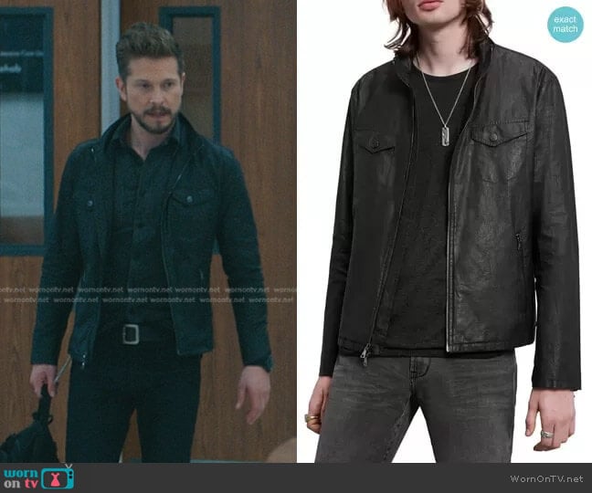 Garment-Washed Zip Jacket by John Varvatos worn by Conrad Hawkins (Matt Czuchry) on The Resident