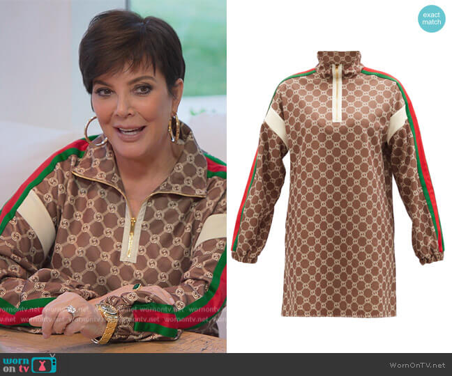 GG-print Web-stripe piqué-jersey mini dress by Gucci worn by Kris Jenner (Kris Jenner) on The Kardashians