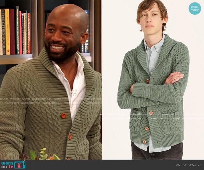 Cotton Cable knit Shawl Collar Cardigan by J. Crew worn by Mikel Welch on The Drew Barrymore Show