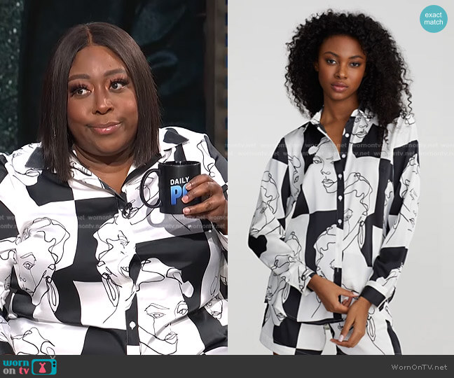 Javelynn Sketch Print Button Front Shirt - Gabrielle Union Collection by New York & Company worn by Loni Love on E! News