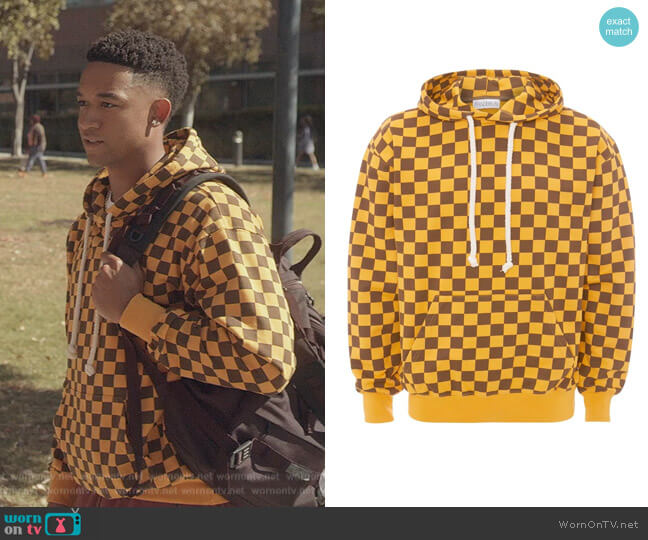 check-print cotton hoodie by JW Anderson worn by Damon (Peyton Alex Smith) on All American Homecoming