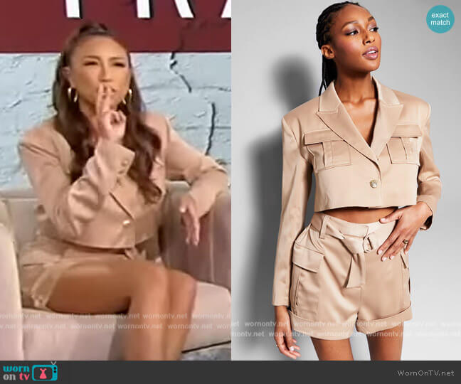 Jeannie Mai X INC Cropped Utility Blazer and Shorts by INC International Concepts worn by Jeannie Mai on the Tamron Hall Show