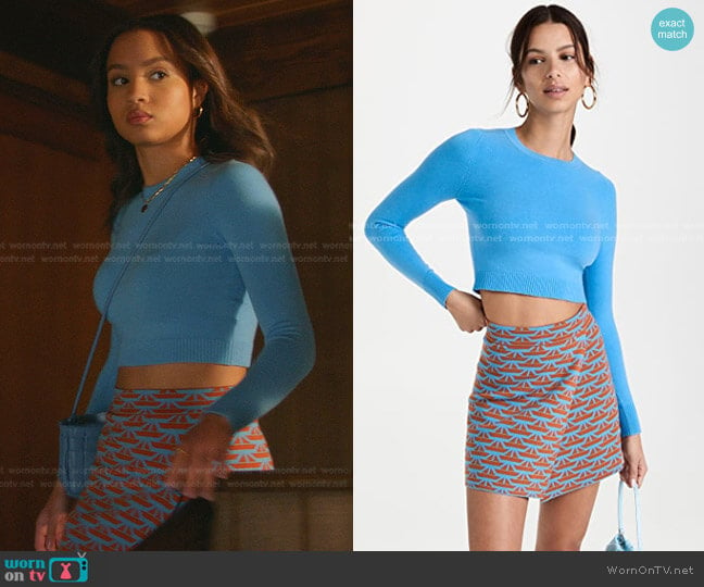 Crop Solid Gloss Sweater and Boats Gloss Skirt by JoosTricot worn by May Grant (Corinne Massiah) on 9-1-1