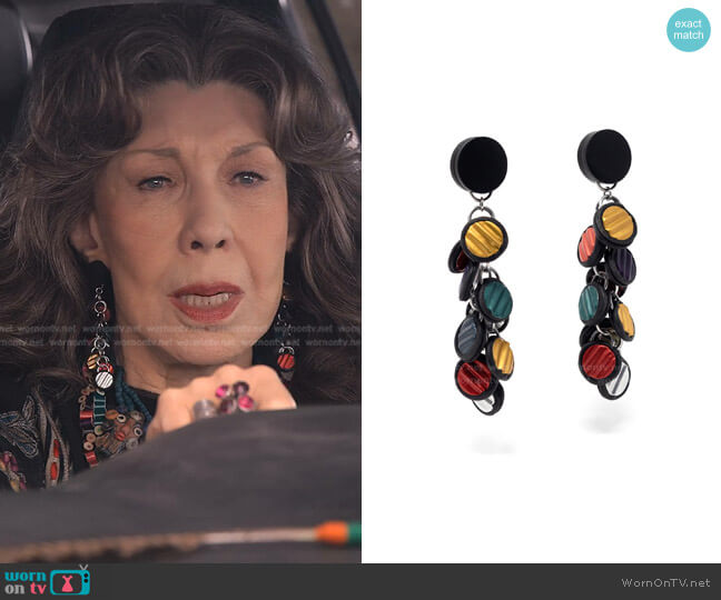 Recycled Nespresso Coffee Capsules Earrings by Kathleen Nowak Tucci worn by Frankie (Lily Tomlin) on Grace and Frankie