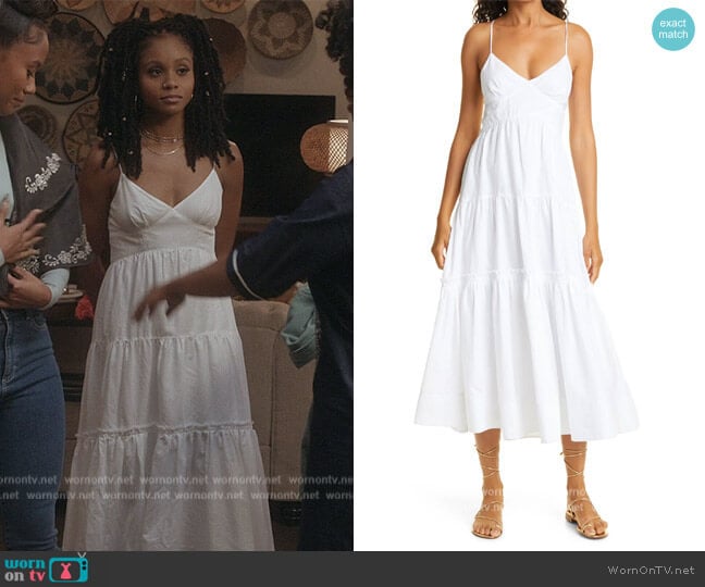 Sleeveless Cotton Linen Tiered Maxi Dress by La Ligne worn by Simone (Geffri Hightower) on All American Homecoming