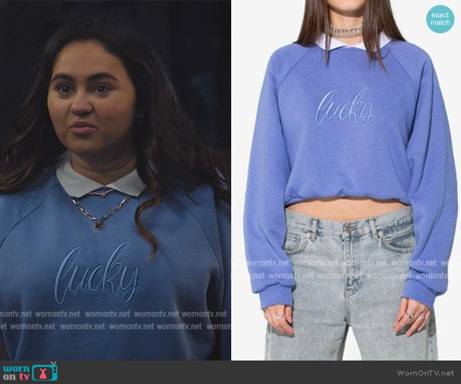 Annabelle’s blue Lucky embroidered sweatshirt on Naomi