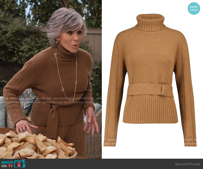 Grace’s beige turtleneck belted sweater on Grace and Frankie