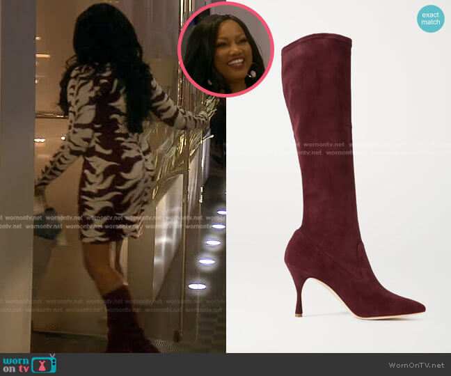 Pamfilo 90 Stretch-Suede Knee Boots by Manolo Blahnik worn by Garcelle Beauvais on The Real Housewives of Beverly Hills