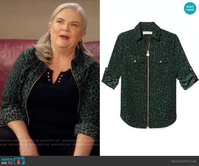 MICHAEL Michael Kors Mega Cheetah-Print Zip Shirt worn by Gloria McManus (Paula Pell) on Girls5eva