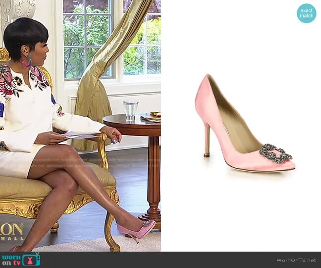 Hangisi 105 Embellished Satin Pumps in Light Pink by Manolo Blahnik worn by Tamron Hall on Tamron Hall Show