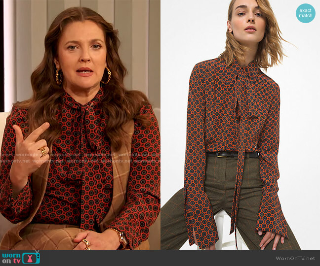 Foulard Silk Crepe de Chine Blouse by Michael Kors worn by Drew Barrymore on The Drew Barrymore Show