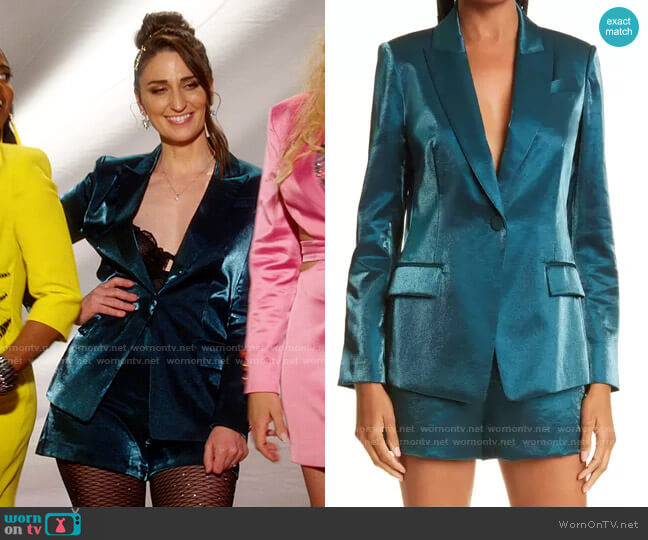 Milly Emerald Avery Blazer and Aria Glazed Shorts worn by Dawn Solano (Sara Bareilles) on Girls5eva