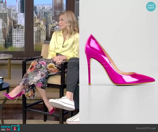Mirror Calfskin Stiletto Pumps by Gianvito Rossi worn by Kelly Ripa on Live with Kelly and Ryan