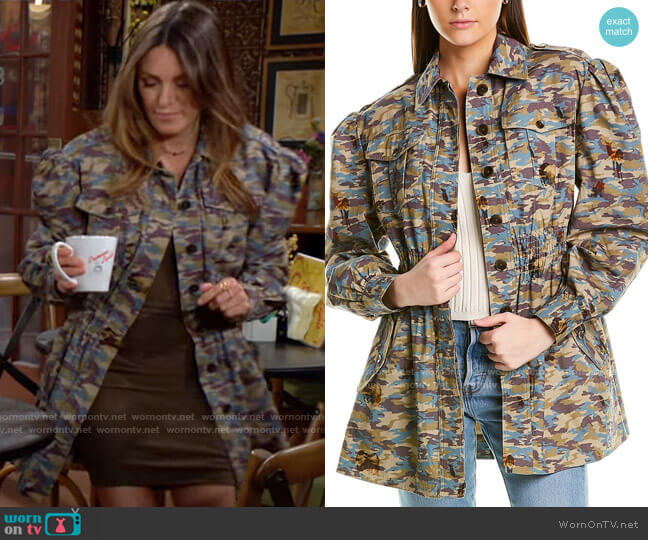 Nicole Miller Camo Ripstop Smocked Waist Jacket worn by Chloe Mitchell (Elizabeth Hendrickson) on The Young and the Restless