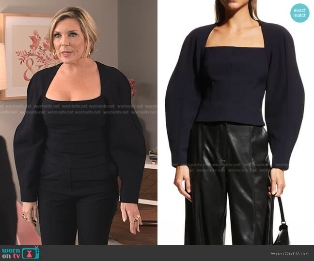 Harini Structured-Sleeve Bustier Top by Nanushka worn by Brianna (June Raphael) on Grace & Frankie