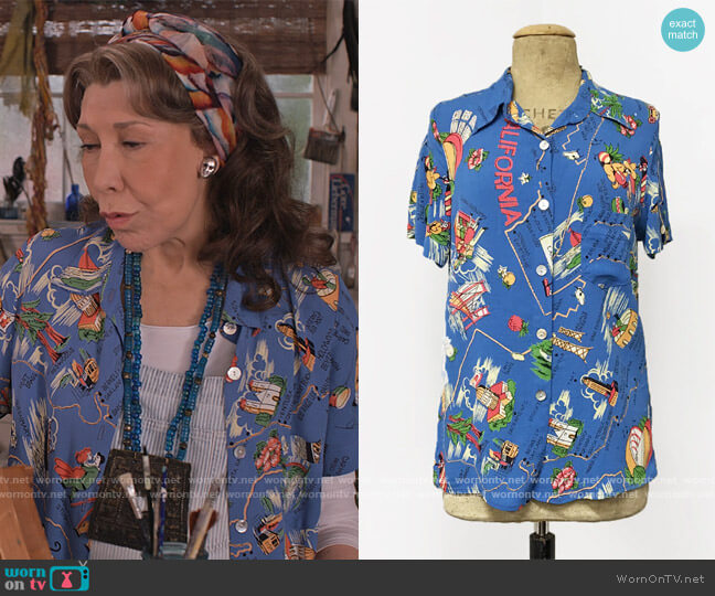 Pacific Blue California Map Shirt by Loco Lindo worn by Frankie (Lily Tomlin) on Grace & Frankie