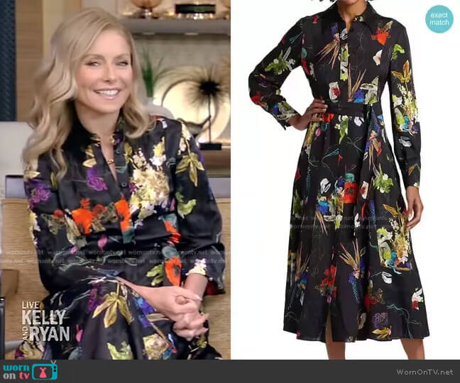 Jason Wu Pleated Long Sleeve Floral Midi Shirt Dress worn by Kelly Ripa on Live with Kelly and Ryan