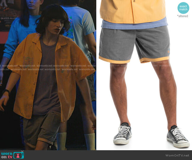 The Mike Pleated Mens Shorts by Quiksilver worn by Finn Wolfhard on Stranger Things