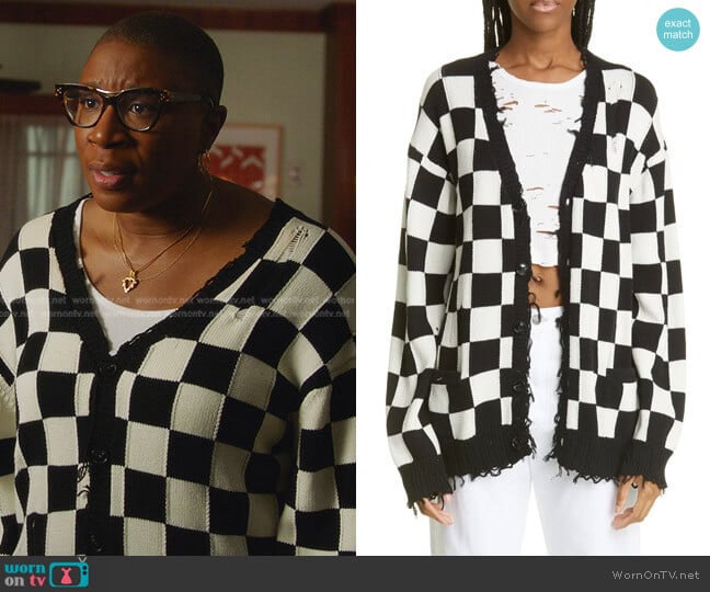Checkerboard Oversize Distressed Cotton Cardigan by R13 worn by Henrietta Wilson (Aisha Hinds) on 9-1-1