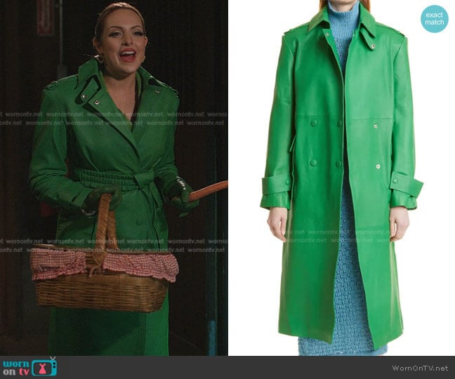 Pirene Double Breasted Leather Coat by Remain Birger Christensen worn by Fallon Carrington (Elizabeth Gillies) on Dynasty