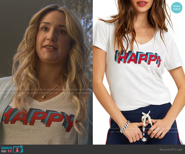 Happy V Neck Tee by Sol Angeles worn by Davia (Emma Hunton) on Good Trouble