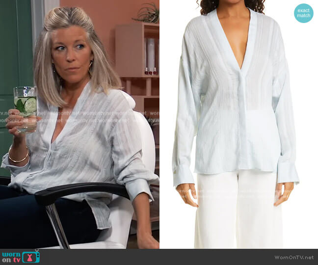 Drapey Stripe V Neck Blouse by Vince worn by Carly Corinthos (Laura Wright) on General Hospital
