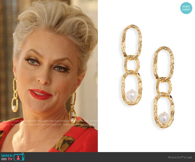 Vine Cultured Pearl Drop Earrings by Lizzie Fortunato worn by Alexis Carrington (Elaine Hendrix) on Dynasty