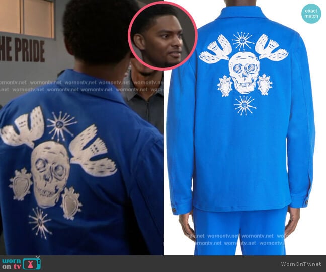 Papercut Skull Chore Jacket by Alexander McQueen worn by JR (Sylvester Powell) on All American Homecoming