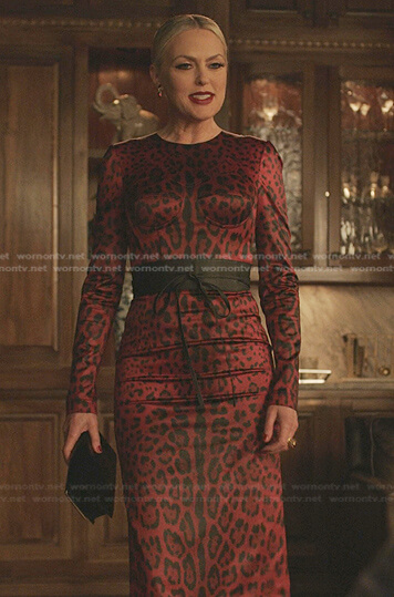 Alexis's red leopard sheath dress on Dynasty