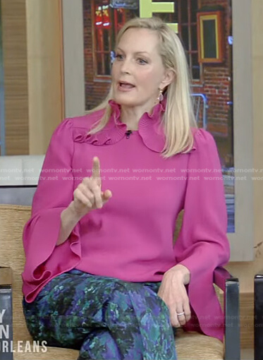 Ali Wentworth's pink ruffle collar top and printed pants on Live with Kelly and Ryan