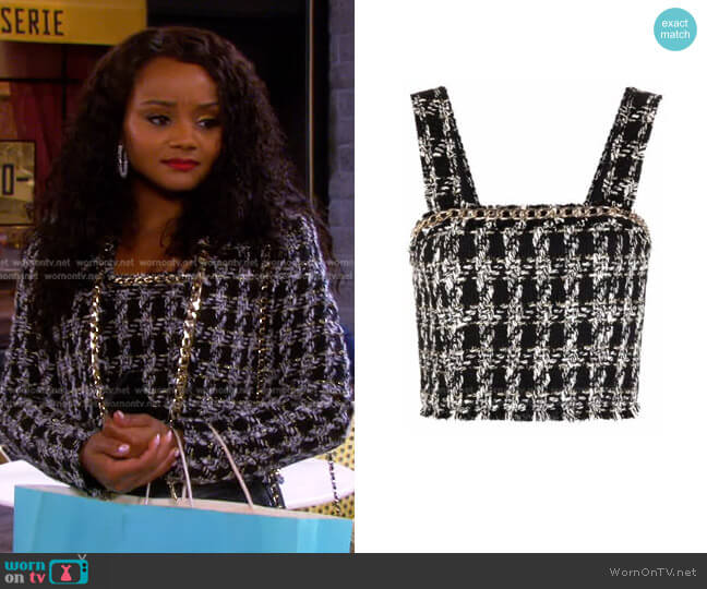 Coralie Frayed Crop Top by Alice + Olivia worn by Chanel Dupree (Raven Bowens) on Days of our Lives