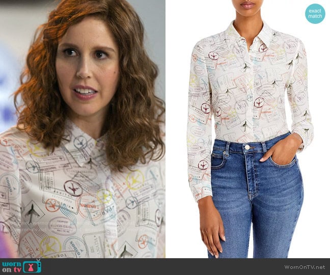 Alice + Olivia Willa Shirt in Globe Trotter worn by Joanna Gold (Vanessa Bayer) on I Love That For You