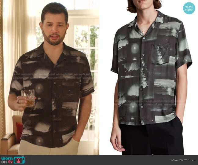 Night Sky Short-Sleeve Button-Up Camp Shirt by All Saints worn by Sam Flores (Rafael de la Fuente) on Dynasty