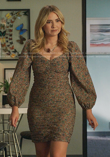 Amanda's brown floral ruched dress on Dynasty